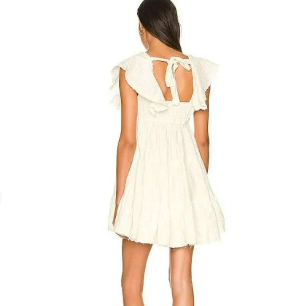 Free People Undone V Neck Ruffle Flutter Sleeves Off White Mini Dress Size L - Picture 4 of 16